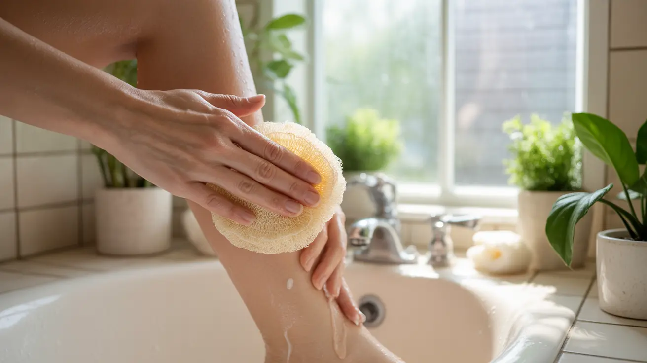 Person gently exfoliating their skin with a natural loofah in a bright bathroom, with indoor plants in the background.