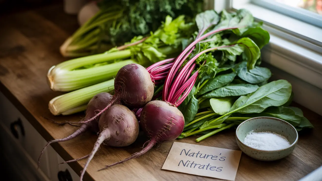 Close-up of fresh vegetables like beetroots, celery, and leafy greens on a kitchen counter in natural lighting