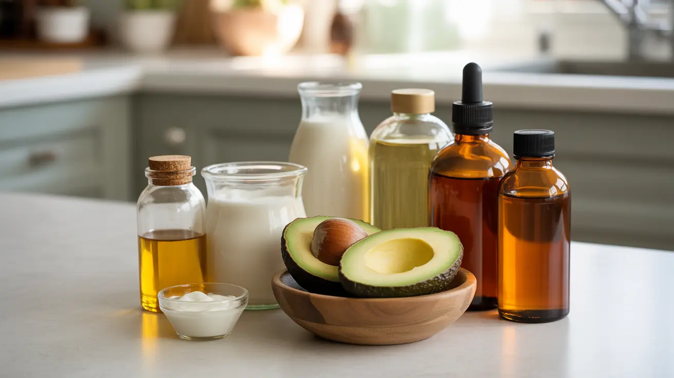 Detailed illustration of a bright kitchen countertop featuring natural oils like coconut, argan, and jojoba, alongside DIY hair mask ingredients like avocado, honey, and yogurt.