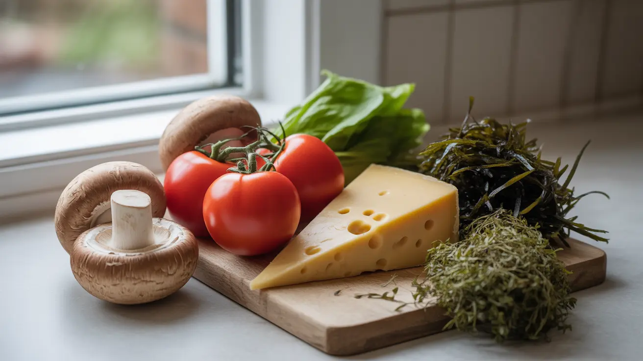Detailed illustration of natural sources of monosodium glutamate including tomatoes, mushrooms, aged cheese, seaweed, and green tea on a bright kitchen countertop.