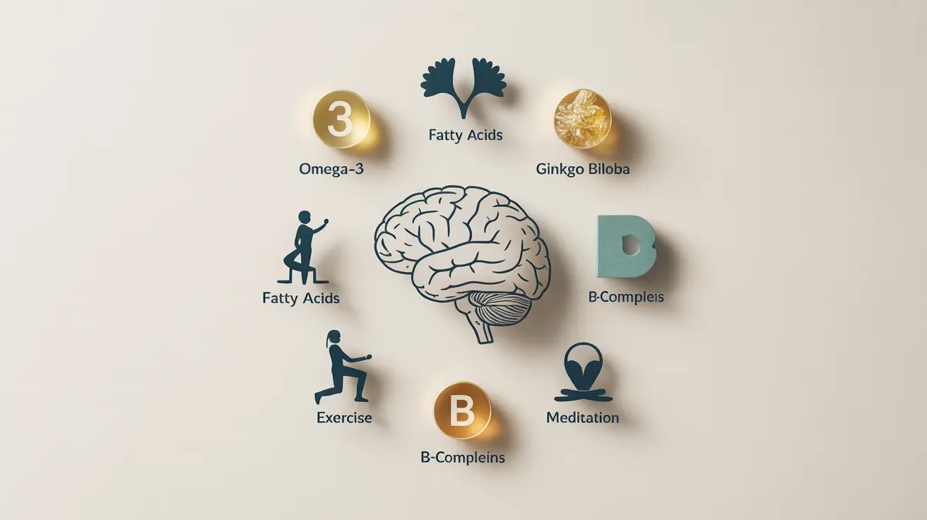 Infographic showing natural supplements like omega-3 fatty acids and ginkgo biloba with lifestyle modifications for focus improvement.