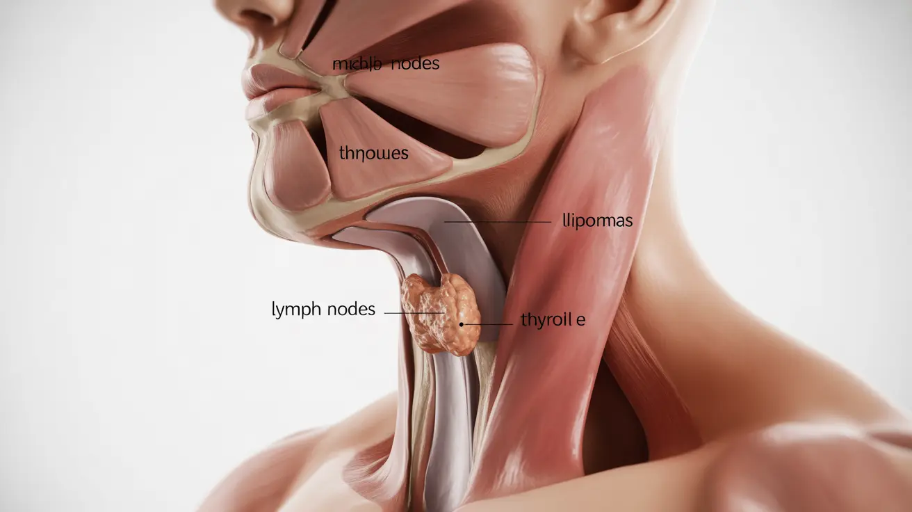 Detailed illustration of a human neck highlighting lymph nodes, lipomas, and thyroid nodules on a white background