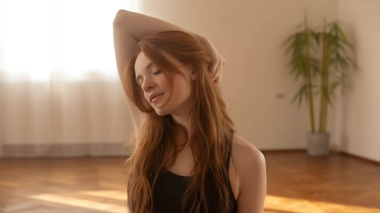 Person gently stretching their neck in a serene indoor yoga space with soft warm lighting and a calm atmosphere.