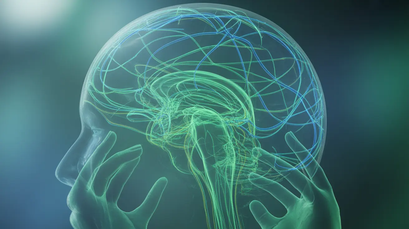 Abstract concept image with neural pathways illuminated, sign language gestures on abstract background, cool blues and greens depicting visual-spatial processing.