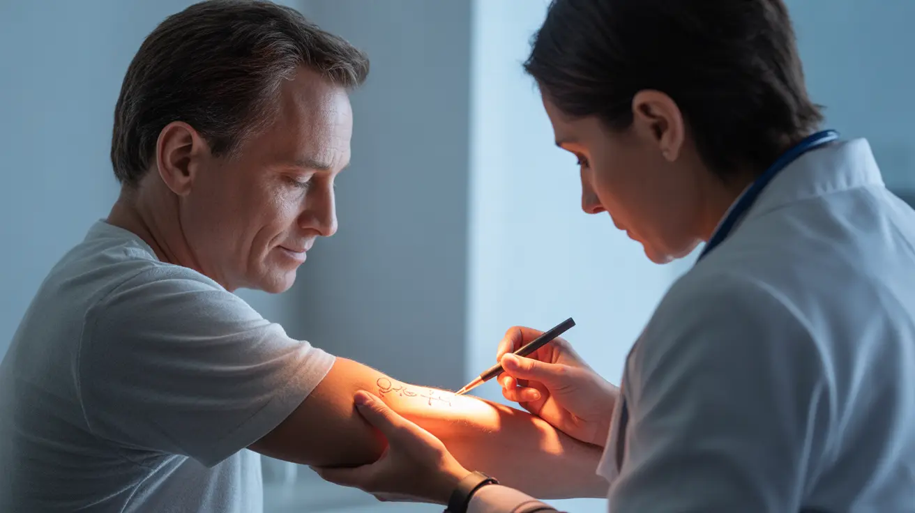 Healthcare provider tracing symbols on a patient's forearm during a neurological exam, patient's eyes closed, in a clinical setting