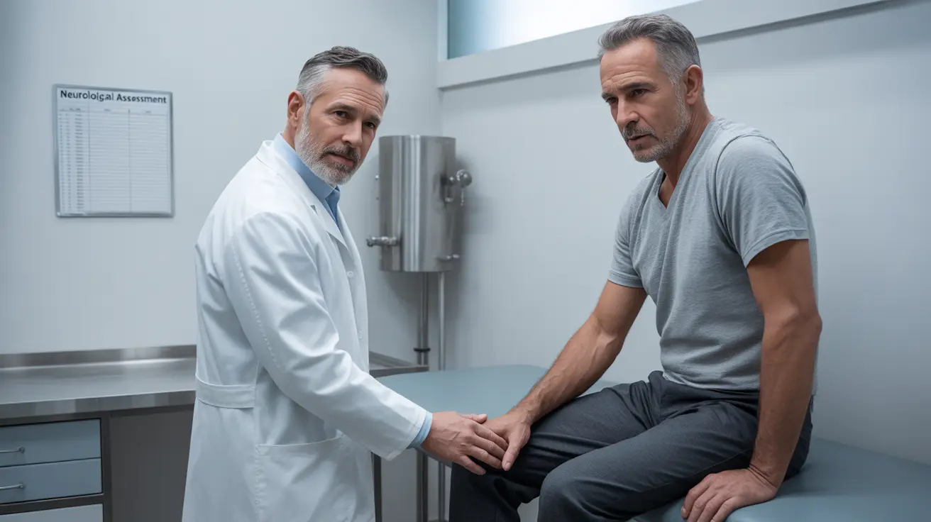 Detailed illustration of a doctor in a lab coat performing a neurological examination on a patient, focusing on muscle strength testing in a bright clinical setting.