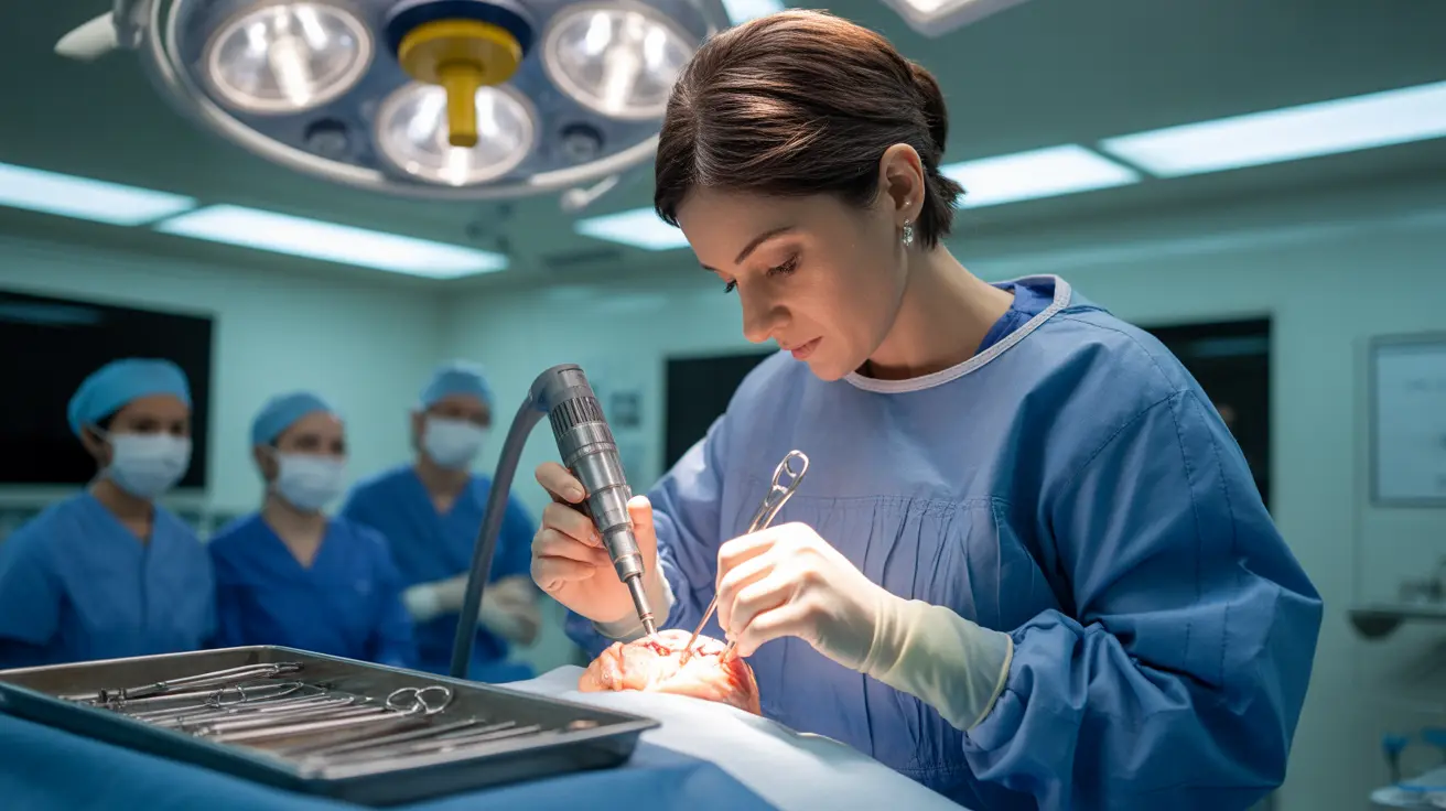 Detailed illustration of a neurosurgeon performing a decompressive craniectomy in a modern operating room with bright lights and surgical instruments.