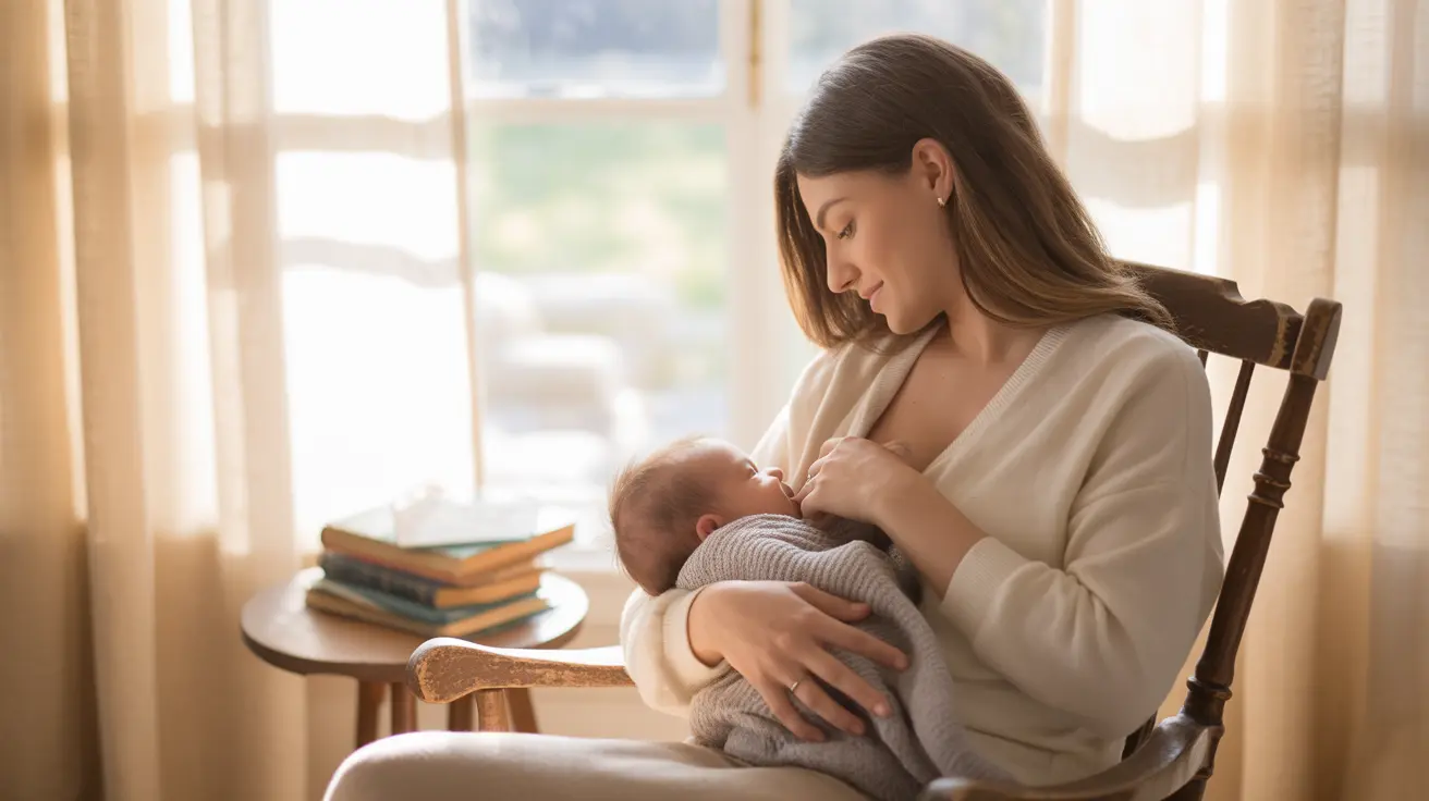 Realistic photograph of new mother breastfeeding her newborn in a cozy home, warm atmosphere with soft blankets