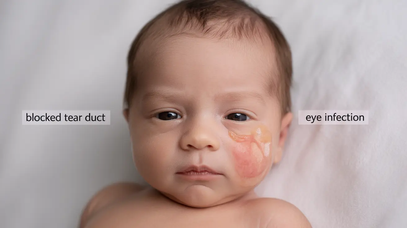 Illustration of newborn showing differences between blocked tear duct and eye infection, mild discharge from one eye, redness in another, with labels on neutral background
