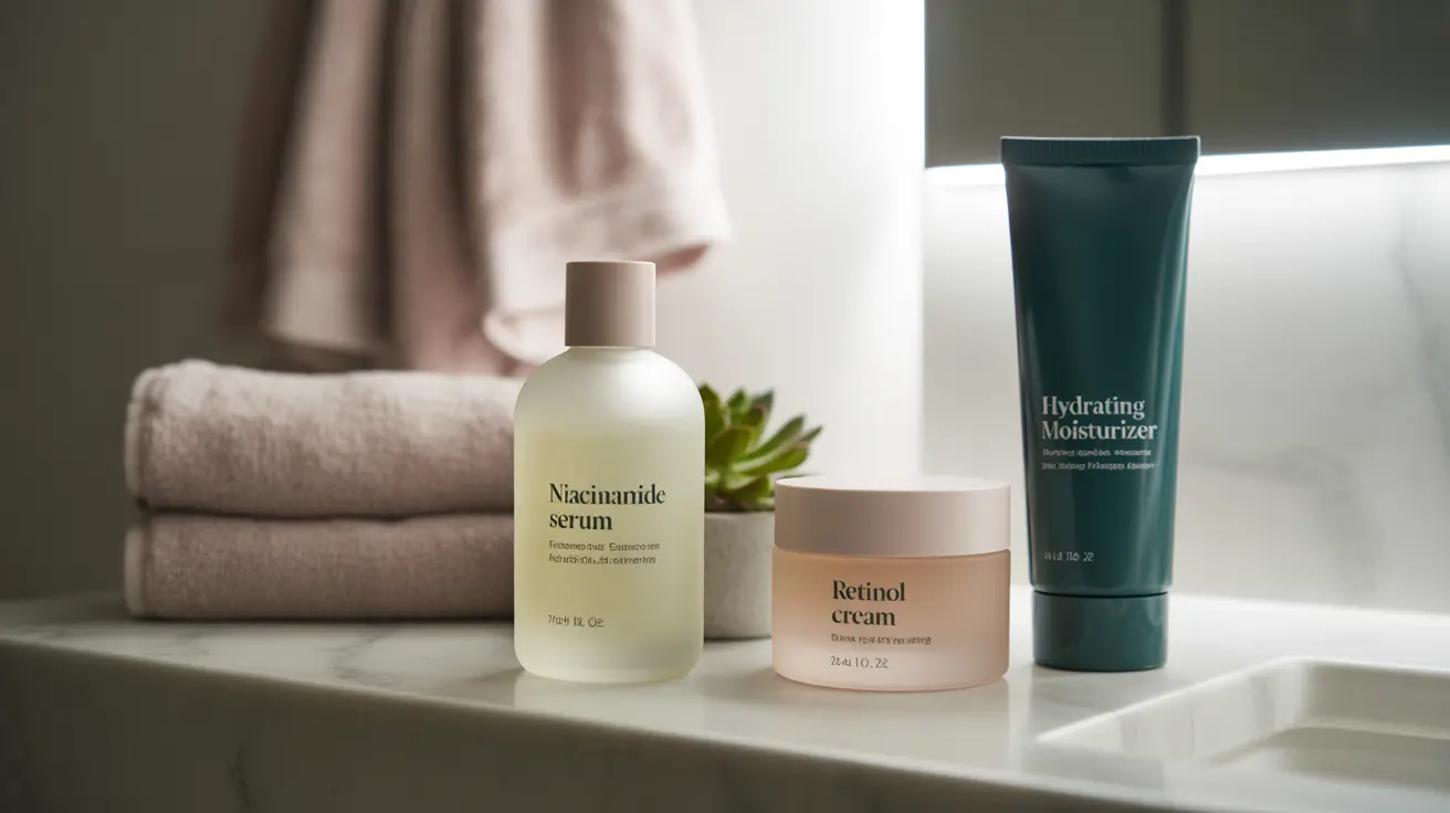 Illustration of niacinamide and retinol skincare products on a minimalist bathroom counter with labels