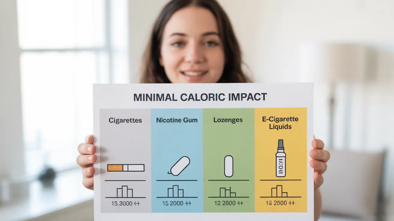 Infographic comparing nicotine delivery methods and caloric impacts, featuring cigarettes, gum, lozenges, and e-cigarettes on a clean white background