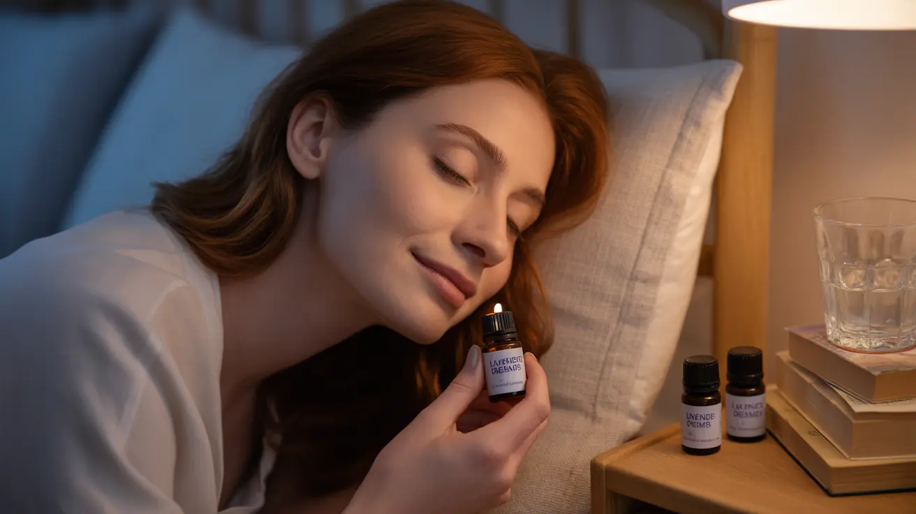 Person in bed inhaling essential oil vial with assorted oils and water on bedside table, soft nighttime lighting.