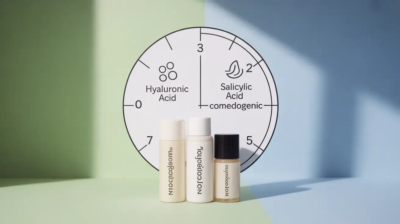 Infographic with non-comedogenic ingredients diagram including hyaluronic acid and salicylic acid on comedogenic scale, with skincare bottles on abstract background