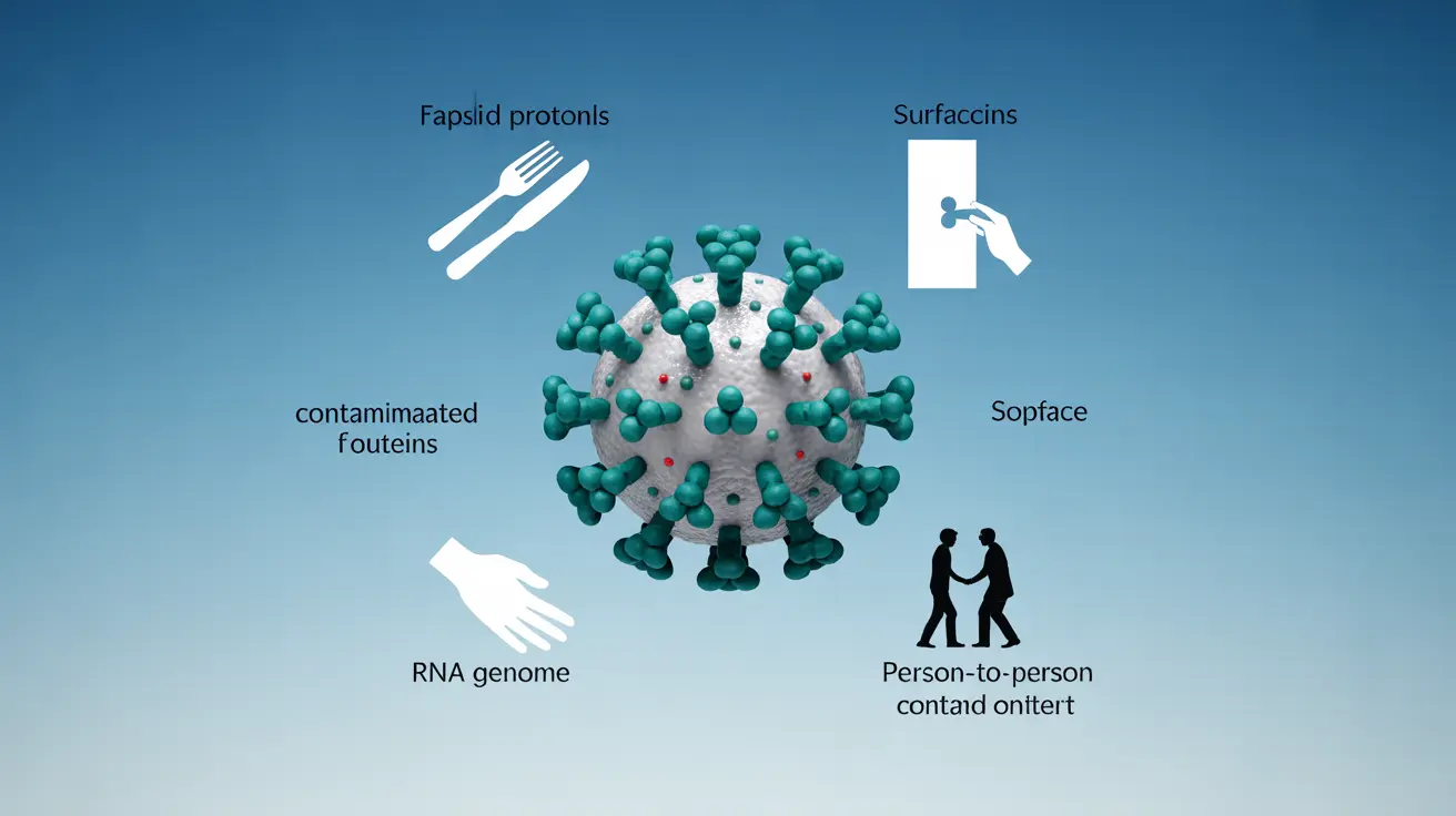 Detailed illustration showing the structure of the norovirus with labeled parts, surrounded by icons representing its transmission routes like contaminated food, surfaces, and person-to-person contact.