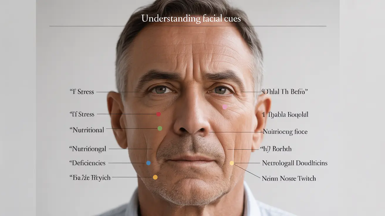 Detailed illustration of a human face with labeled areas indicating stress, nutritional deficiencies, and neurological conditions causing nose twitching, with an informative infographic layout on a neutral white background, clean lines, educational tone.