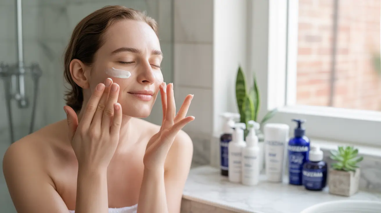 Person applying Noxzema cream to their face in a modern bathroom with skincare products arranged on the counter, showcasing a calm atmosphere.