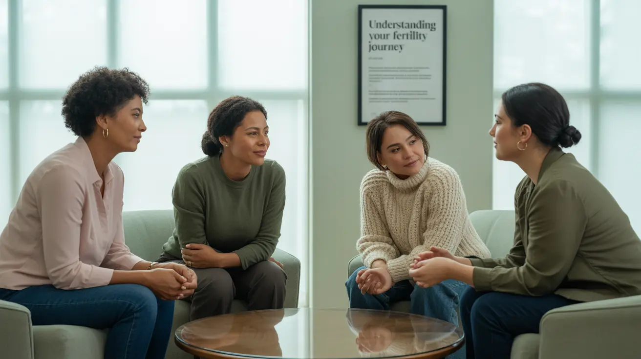 Diverse group of nulliparous women discussing fertility and health in a bright clinical consultation room.