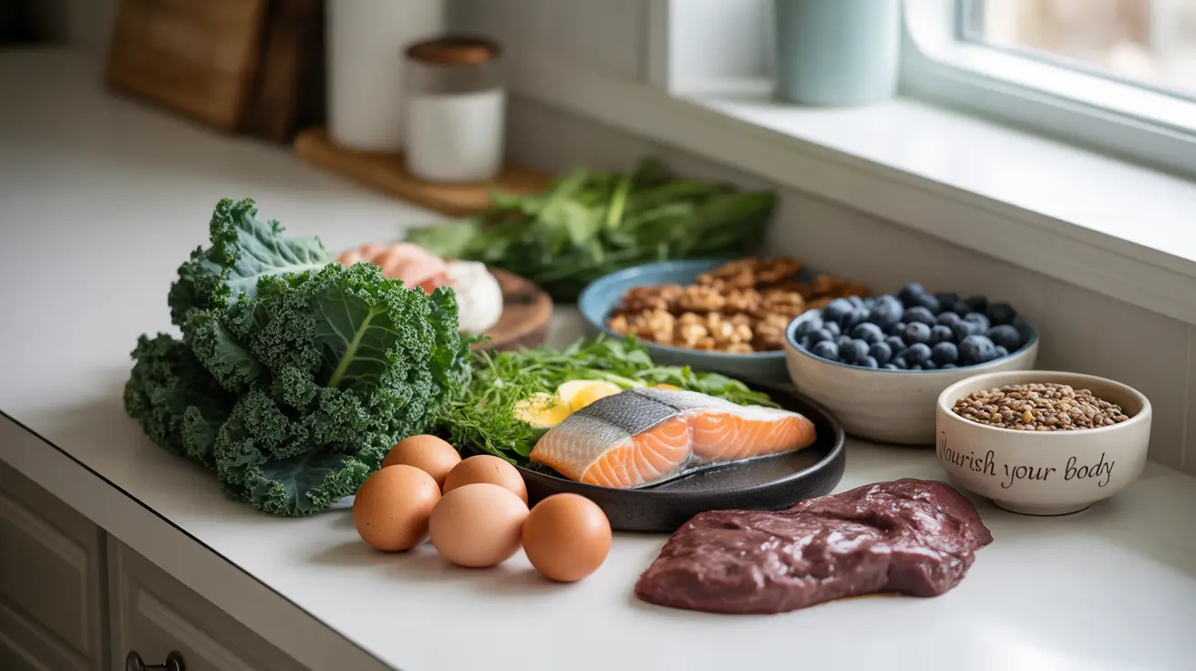 Assortment of nutrient-dense whole foods including leafy greens, organ meats, eggs, fatty fish, nuts, berries, and legumes on a clean kitchen counter