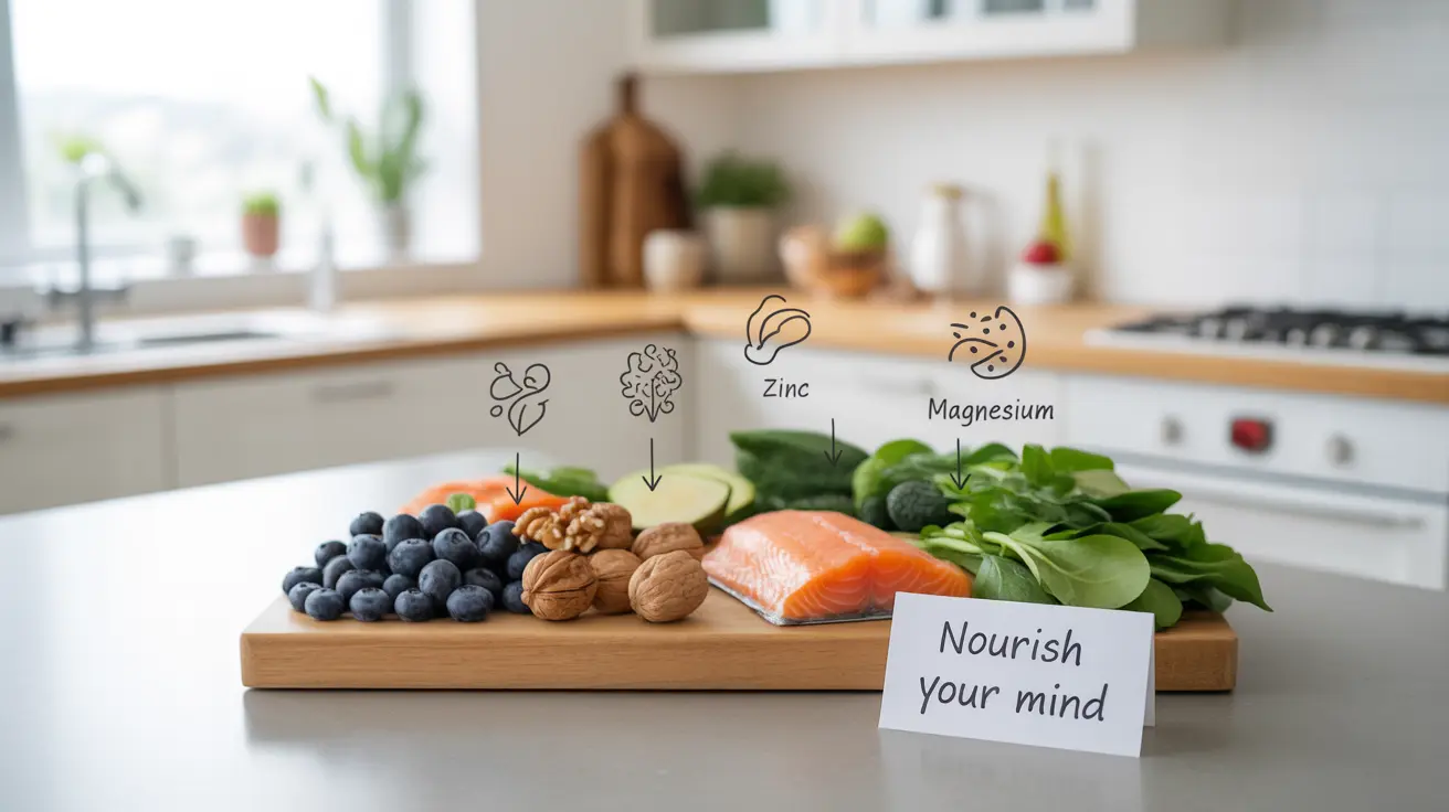 Detailed illustration of a bright kitchen featuring an array of multivitamins and nutrient-rich foods like omega-3 sources (fish, nuts) and B-complex vitamins (fruits, vegetables)