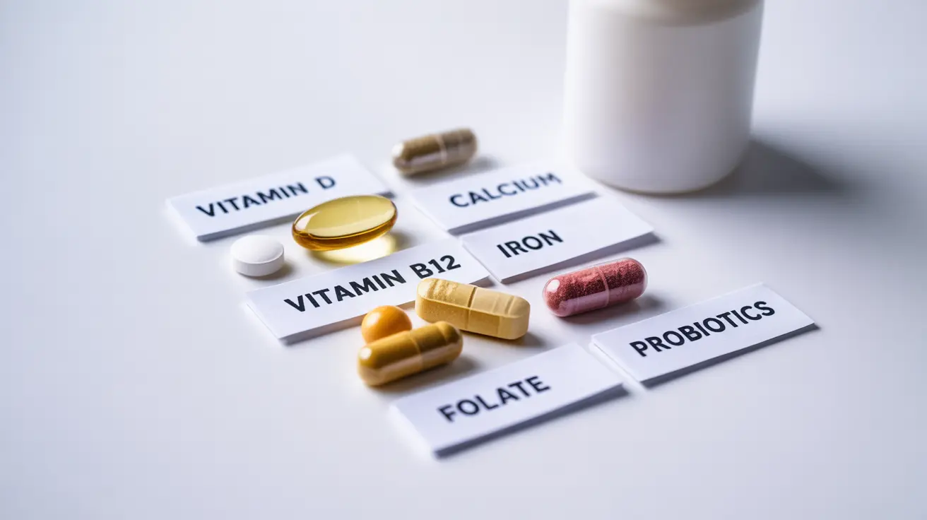 Detailed illustration showcasing a range of nutritional supplements including vitamin D, calcium, iron, vitamin B12, folate, zinc, and probiotics, laid out on a clean white background