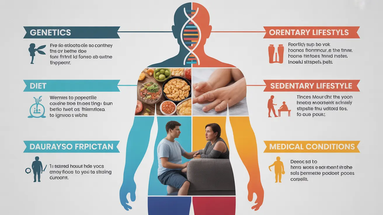 Detailed illustration highlighting obesity risk factors including genetics, diet, sedentary lifestyle, and medical conditions in bright colors.