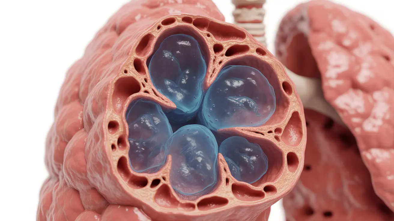 Detailed illustration of obstructive emphysema with damaged alveoli and trapped air, highlighting lung damage, on a white background
