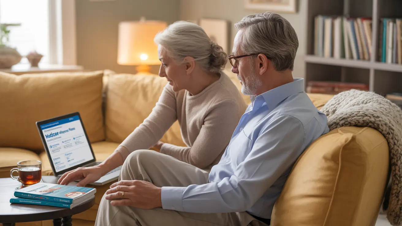 Older adult couple sitting in a cozy living room, reviewing Medicare options together on a laptop with health brochures scattered on the table.