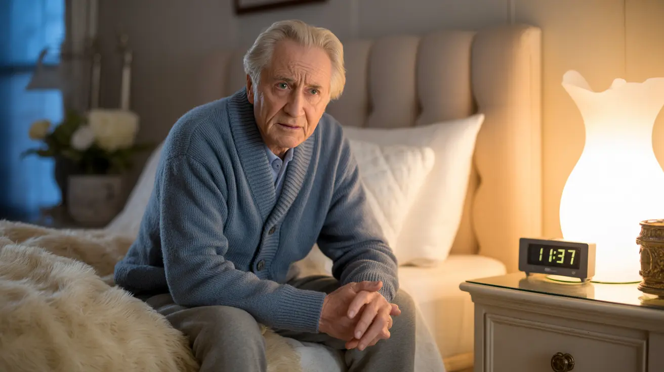 Detailed illustration showing an older adult sitting on a bed with a concerned expression, in a cozy bedroom setting with warm lighting.