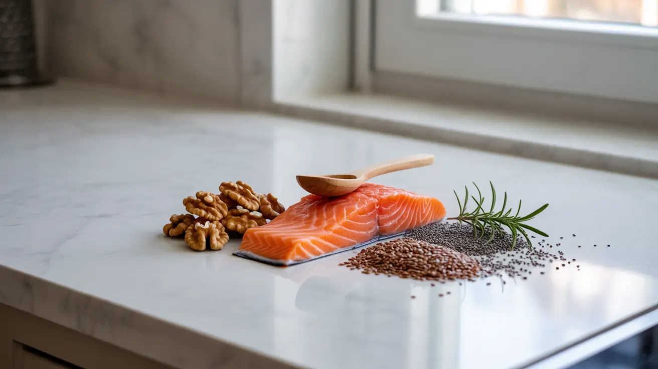Detailed illustration of a clean kitchen countertop showcasing various omega-3 rich foods, including salmon, flaxseeds, walnuts, and chia seeds in bright natural lighting