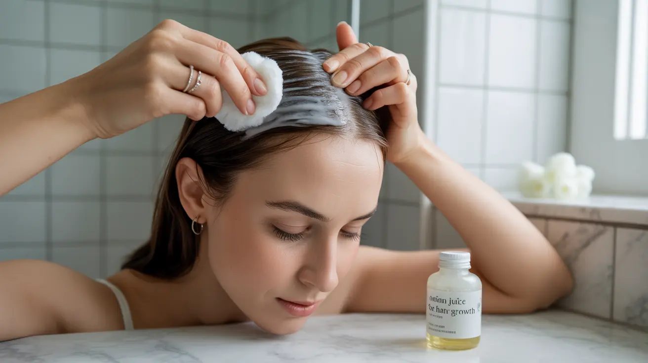 Hands applying onion juice to parted scalp with a cotton ball in a bathroom with natural light, emphasizing hair care
