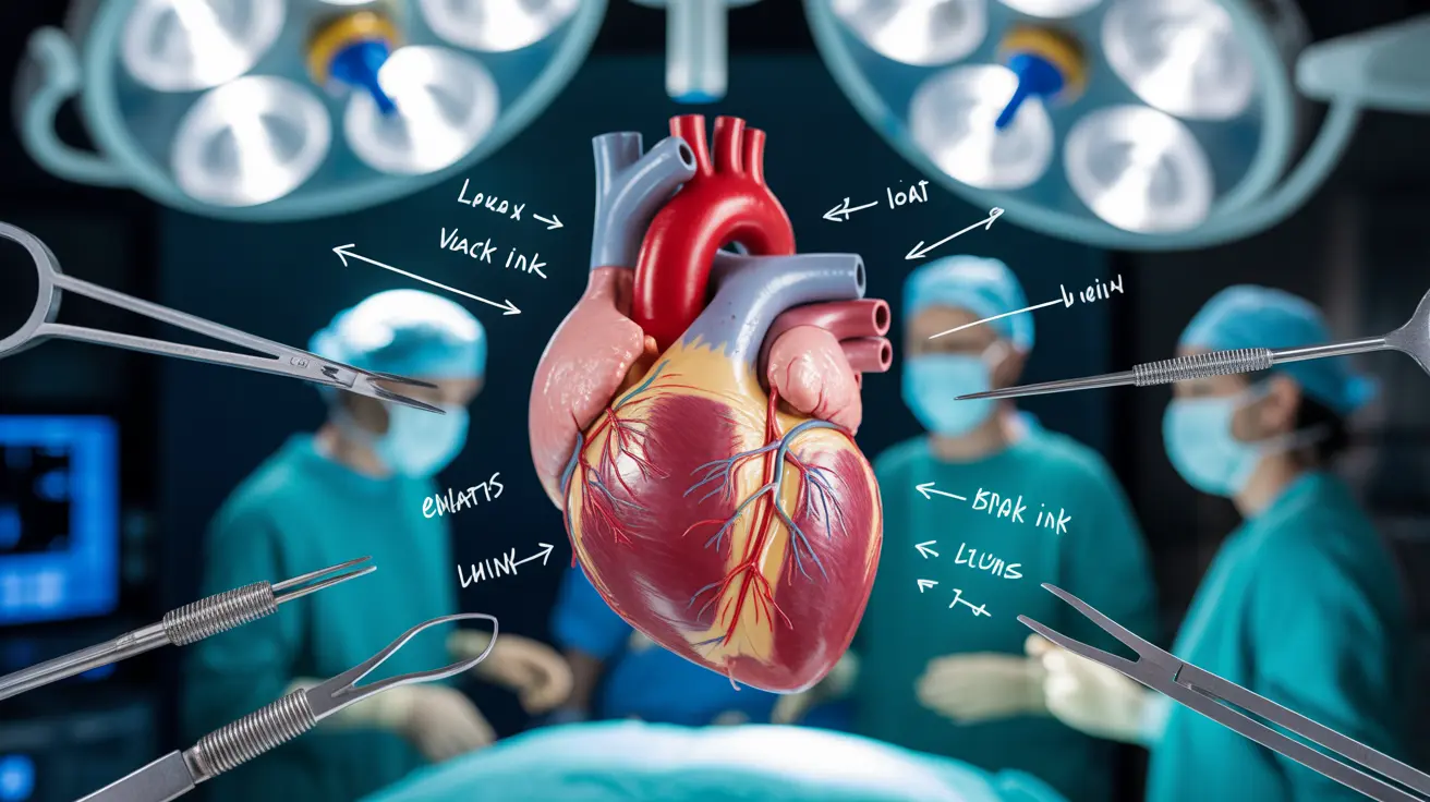 Detailed illustration of an open heart surgery procedure, showing the human heart with labels for key structures, surrounded by surgical instruments and healthcare professionals in a bright, clinical operating room.