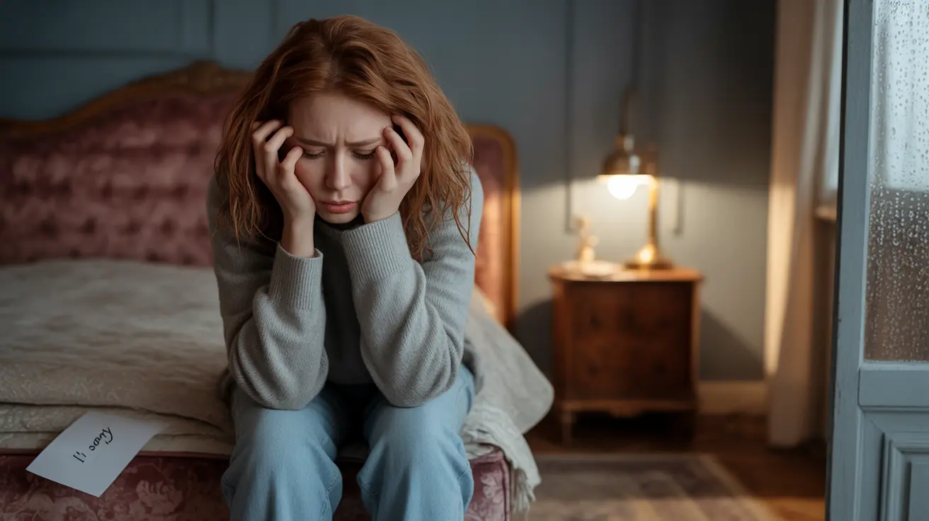 Person with a distressed expression sitting on a bed, holding their head in their hands in a dimly lit bedroom