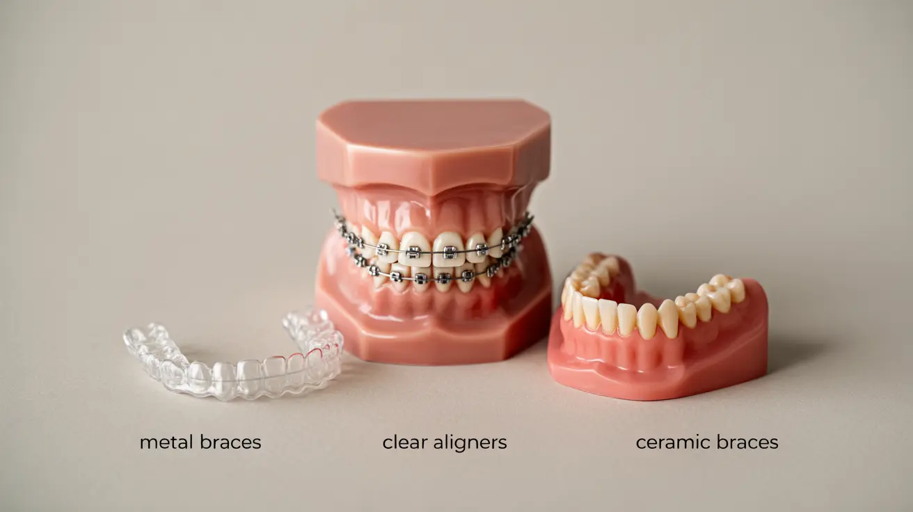 Illustration of orthodontic devices: metal braces, clear aligners, ceramic braces, labeled for appearance and function