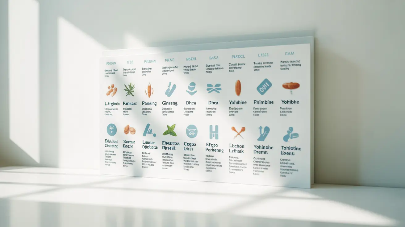Infographic showing OTC supplements like L-arginine, Panax ginseng, DHEA, and Yohimbine with labels on erectile dysfunction effects, blue and green background