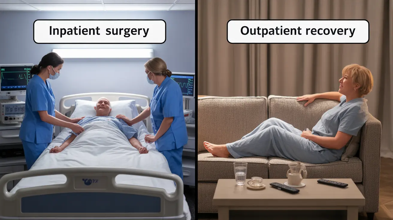 Split diagram showing hospital room for inpatient surgery and home setting for outpatient recovery, highlighting care differences.