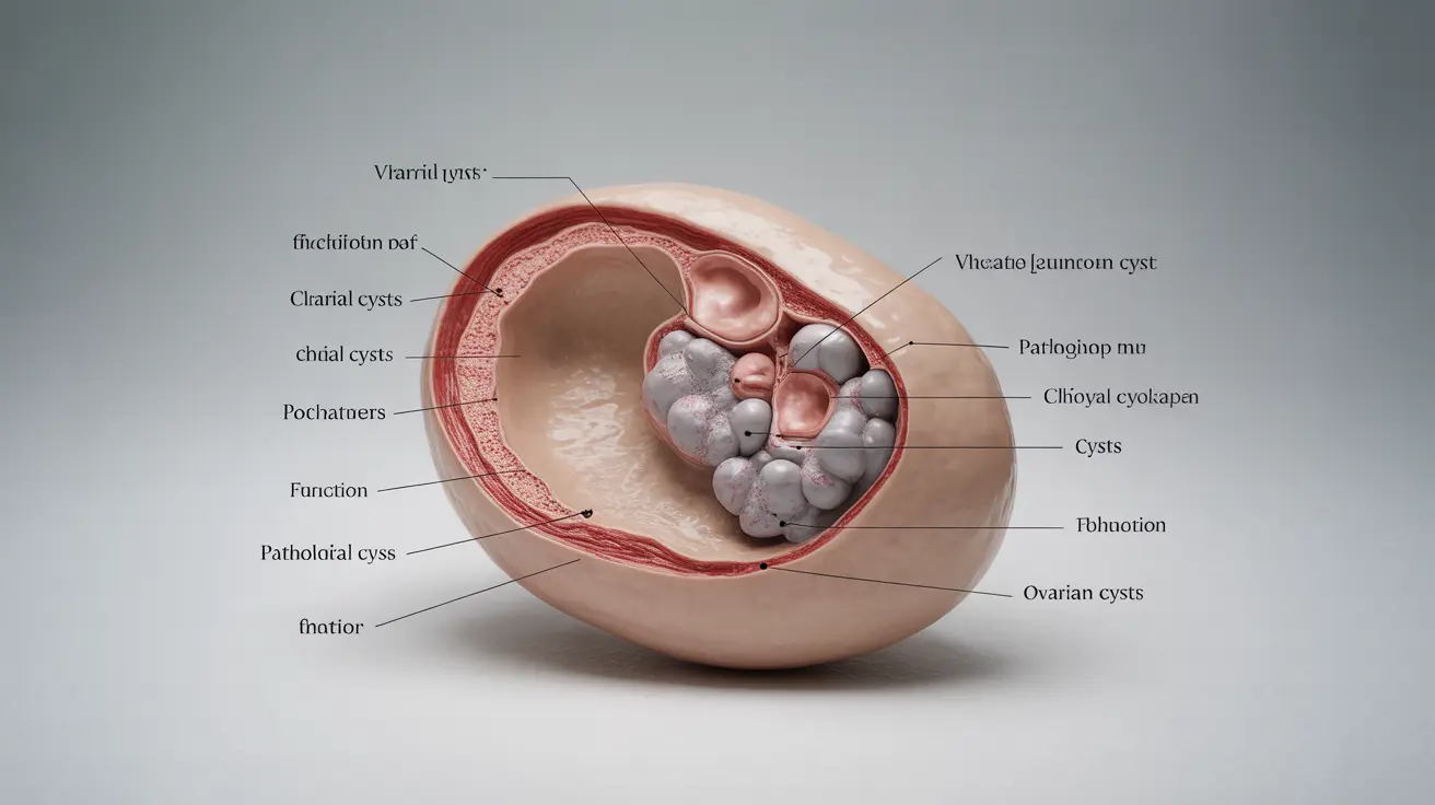 Detailed anatomical illustration showing various types of ovarian cysts (functional and pathological) on a human ovary with clear labels, set against a clean, sterile background.