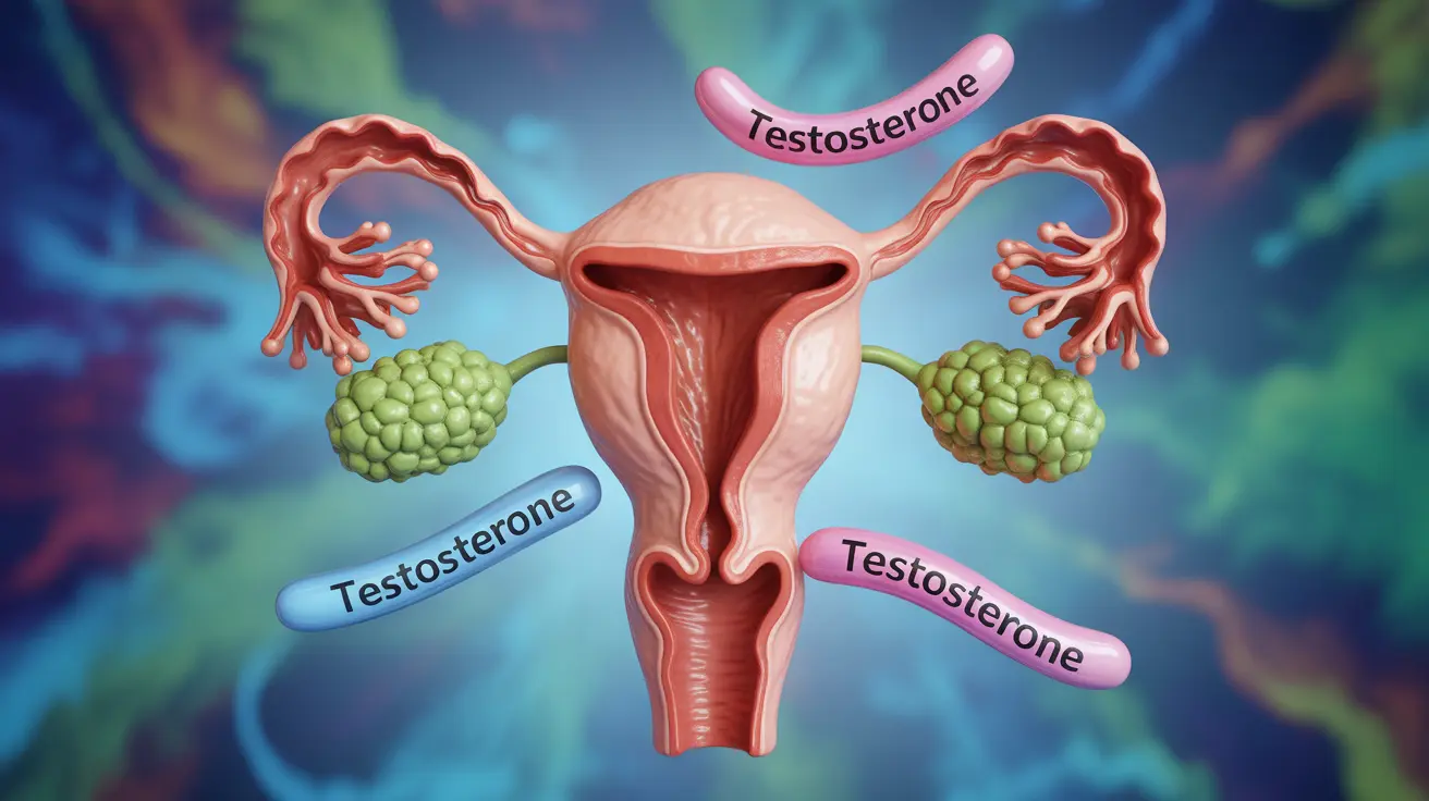 Detailed illustration of the ovaries and adrenal glands with a focus on testosterone production, colorful hormone representations and labels, in a bright abstract background symbolizing health and vitality.