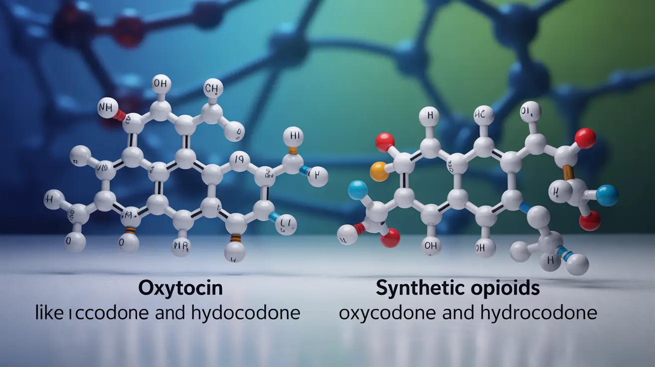 Detailed illustration showing chemical structures of oxytocin and synthetic opioids like oxycodone and hydrocodone, labeled differences in bright clean lighting.