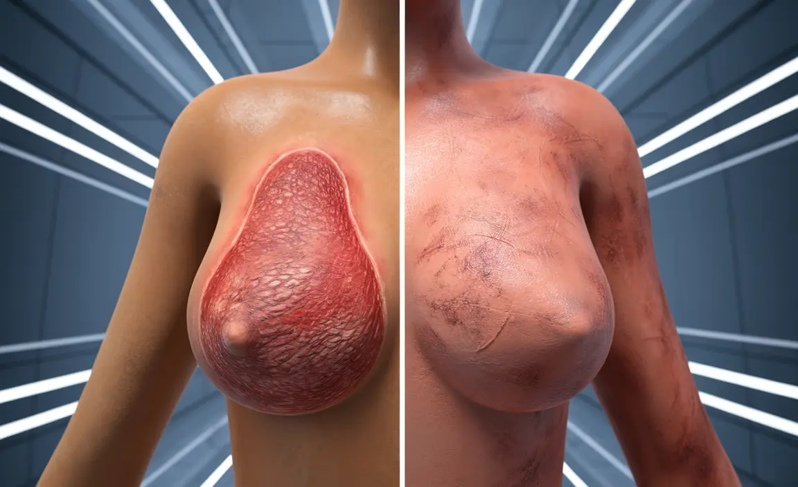 Detailed illustration comparing breast skin changes: Paget's disease symptoms on one side (redness, scaling, inverted nipple) and eczema symptoms on the other (dry patches, intense itching), bright clinical lighting.