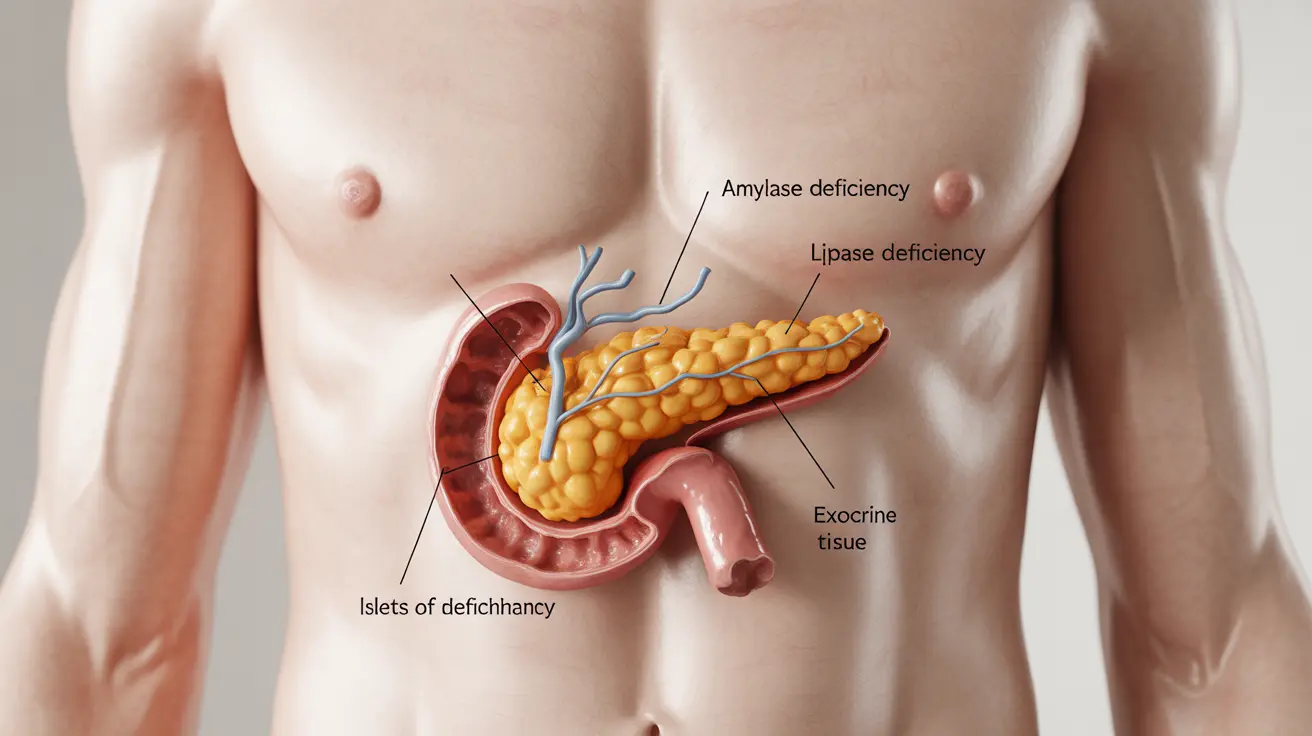 Detailed anatomical illustration of the human pancreas showing enzyme insufficiency, with clear labels and bright clinical lighting