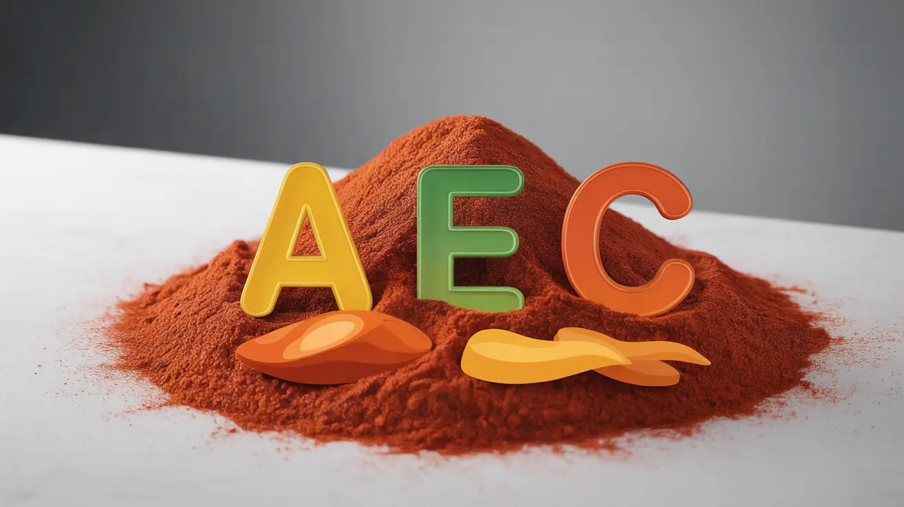 Detailed illustration showing vibrant red paprika spice with visual elements of vitamins A, E, C, and antioxidants like beta-carotene, lutein
