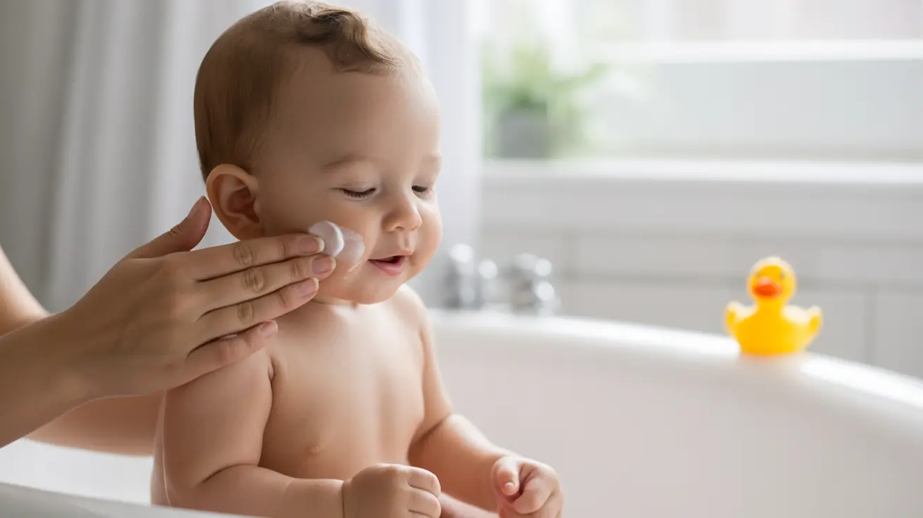 Parent gently applying face lotion to baby's face in a bright, clean bathroom, creating a warm and nurturing atmosphere.