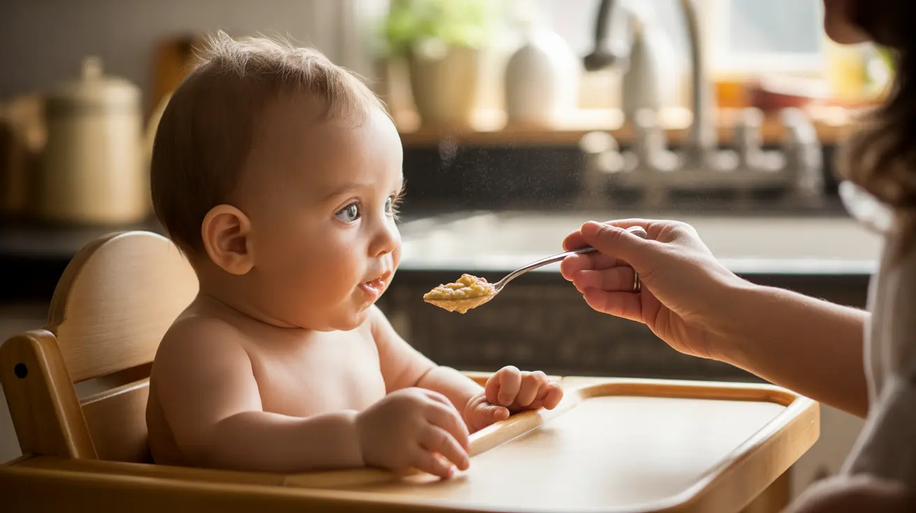 Parent gently feeding a baby in a high chair with textured stage 2 baby food in a warm kitchen setting