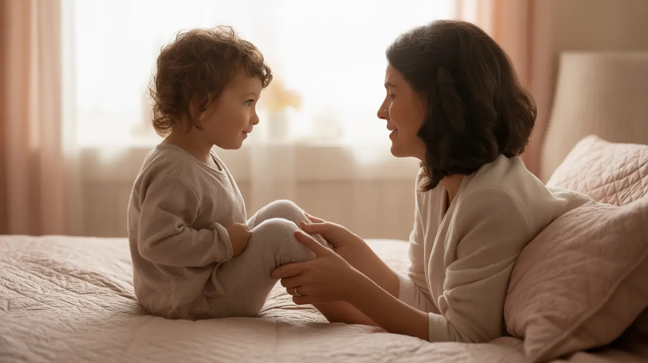 A parent gently massaging the legs of a 2-year-old child sitting on a bed in a cozy bedroom with warm, inviting light.