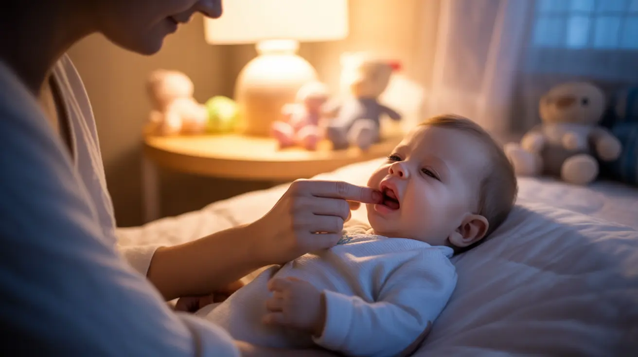 Parent gently massaging the gums of a fussy baby in a cozy nursery at nighttime, with soft toys and a dimmed bedside lamp in the background.