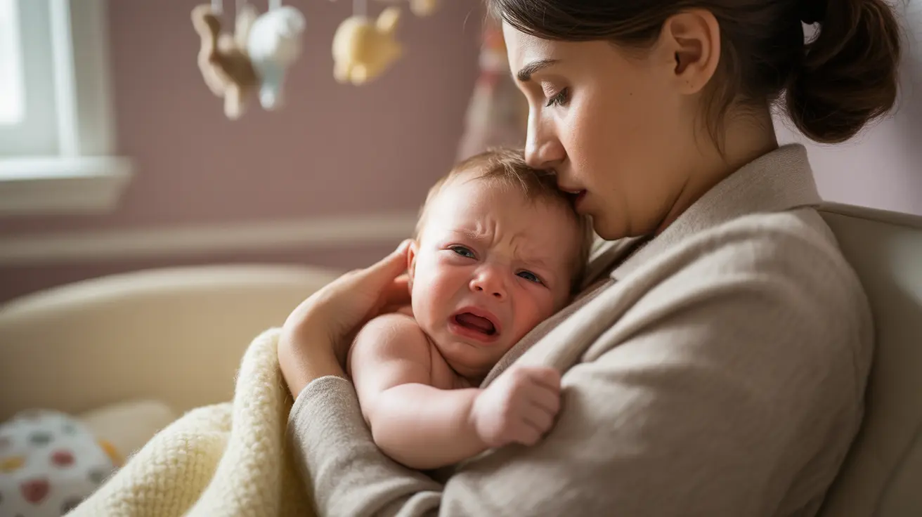 Parent tenderly soothing a crying high needs baby in a cozy nursery with soft colors and warm inviting light