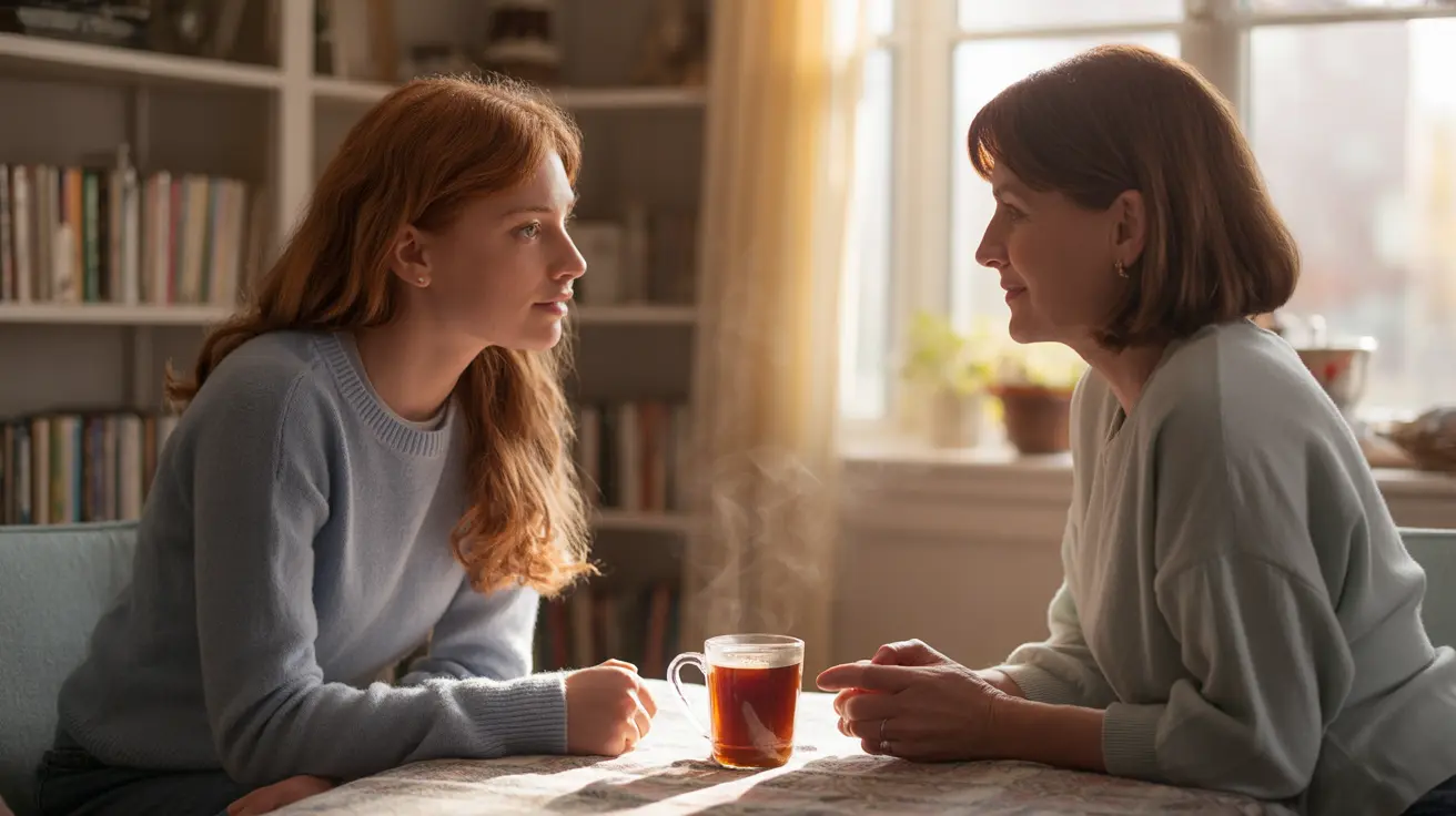Parent having a calm and supportive conversation with their teenager in a comfortable home setting, emphasizing open communication.