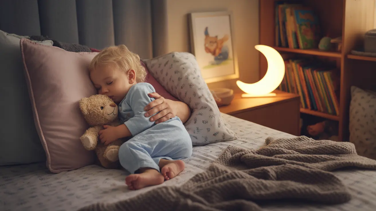 Parent tucking a 2-year-old into bed under nightlight, with cozy room elements and warm decor