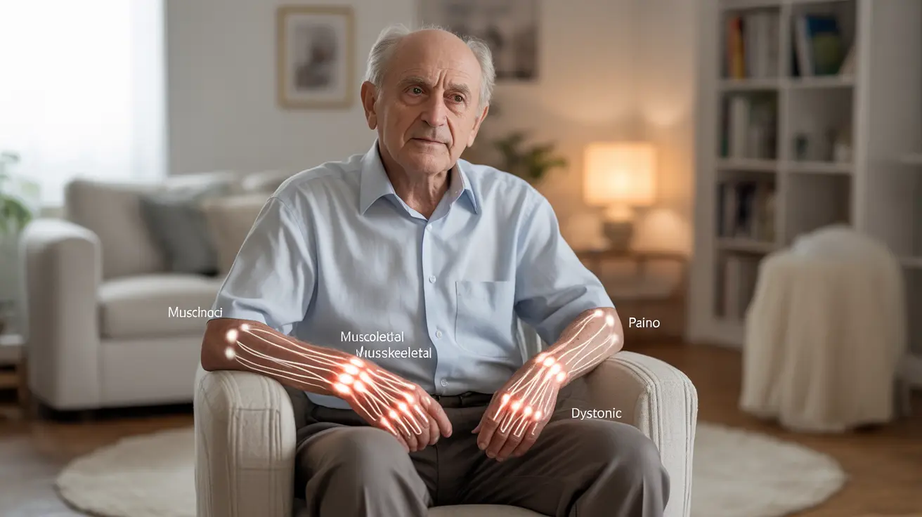Illustration of a person with Parkinson's in a chair, showing muscle pain, with annotations on musculoskeletal and dystonic pain in warm light