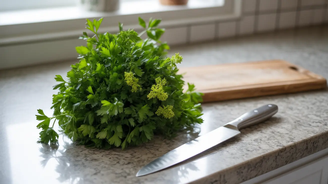 Close-up of vibrant green parsley leaves on a kitchen counter with cooking utensils, in natural daylight.